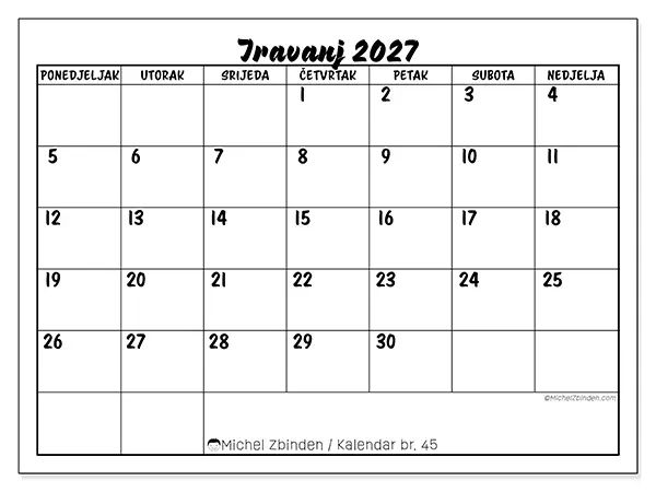 Kalendar travanj 2027 za ispis - Školski uspjeh