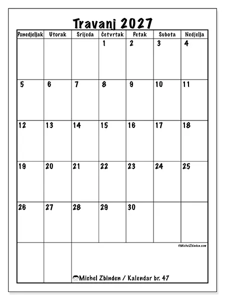 Kalendar travanj 2027 za ispis - Jasno planiranje