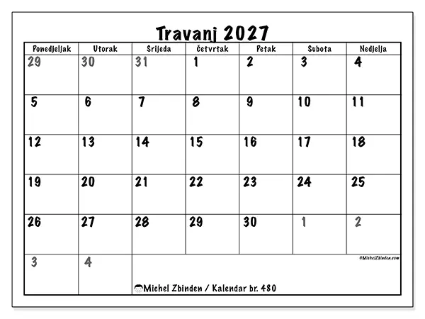 Kalendar travanj 2027 za ispis - Potpuno planiranje