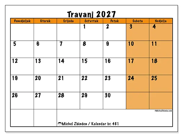 Kalendar travanj 2027 za ispis - Dinamično planiranje
