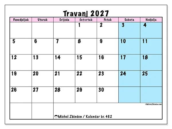 Kalendar travanj 2027 za ispis - Raspored tima