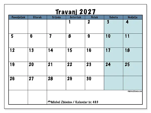 Kalendar travanj 2027 za ispis - Struktura za školu