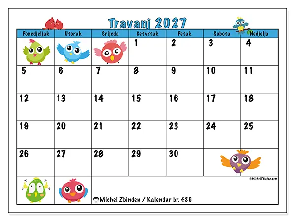 Kalendar travanj 2027 za ispis - Zabavne ptice