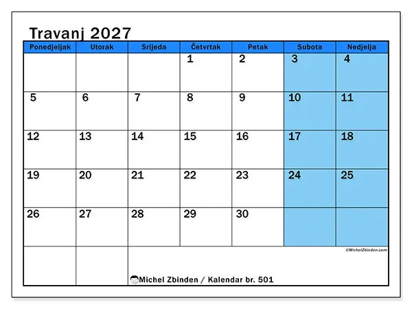 Kalendar travanj 2027 za ispis - Dinamični studiji