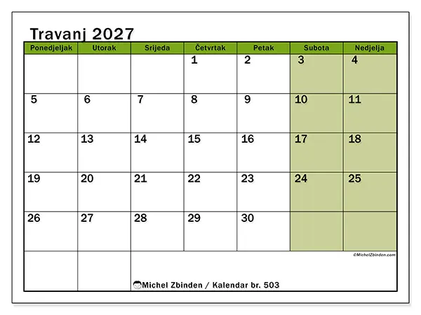 Kalendar travanj 2027 za ispis - Prirodne boje