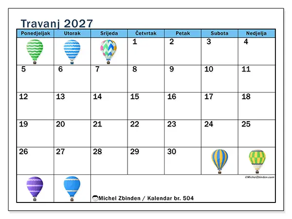 Kalendar travanj 2027 za ispis - Baloni na vrući zrak
