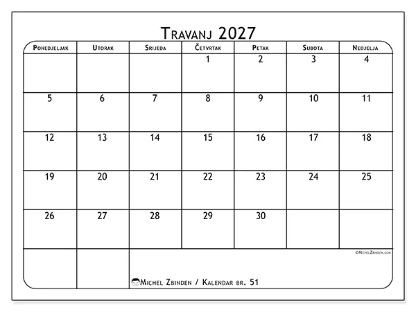 Kalendar travanj 2027 za ispis - Planer obroka