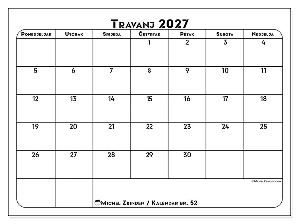 Kalendar travanj 2027 za ispis - Plan rada
