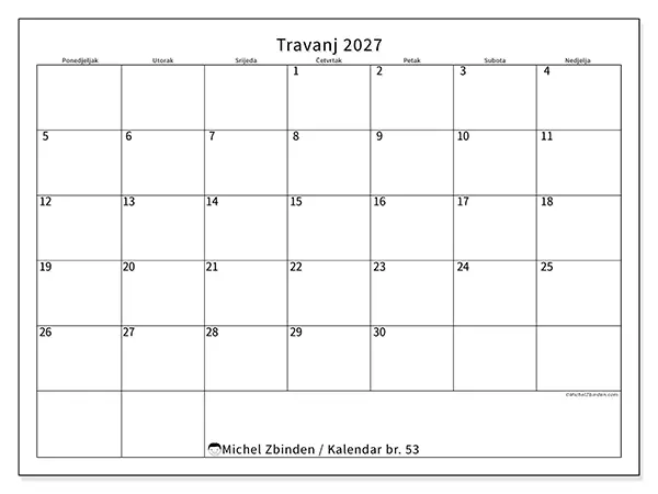 Kalendar travanj 2027 za ispis - Jasan raspored