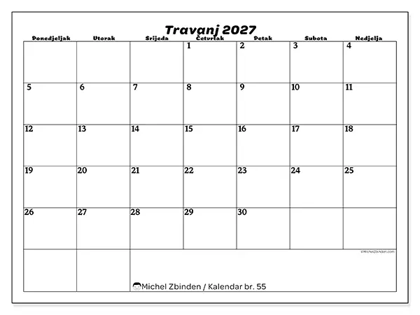 Kalendar travanj 2027 za ispis - Slobodno vrijeme