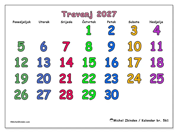Kalendar travanj 2027 za ispis - Kreativni trenuci
