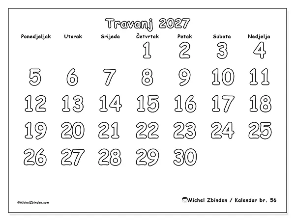 Kalendar travanj 2027 za ispis - Korisno bojanje