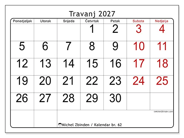 Kalendar travanj 2027 za ispis - Brzi pregled
