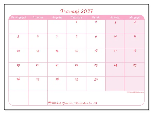 Kalendar travanj 2027 za ispis - Smiren izgled
