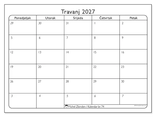 Kalendar travanj 2027 za ispis - Radni dani