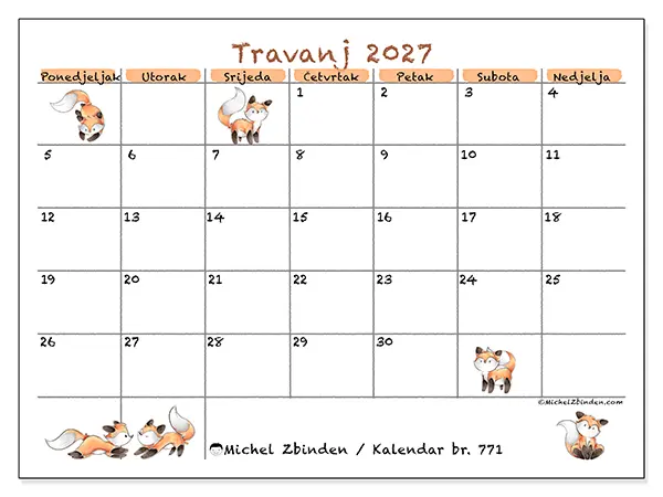Kalendar travanj 2027 za ispis - Crteži lisica