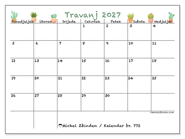 Kalendar travanj 2027 za ispis - Dekorativni kaktusi