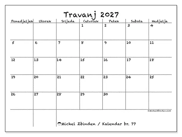 Kalendar travanj 2027 za ispis - Škola i obitelj