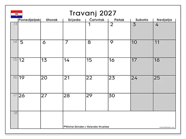 Kalendar travanj 2027 za ispis - Hrvatska