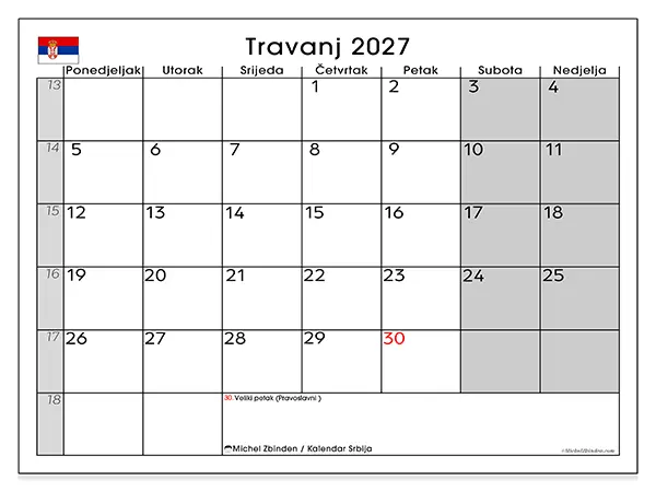 Kalendar travanj 2027 za ispis - Srbija