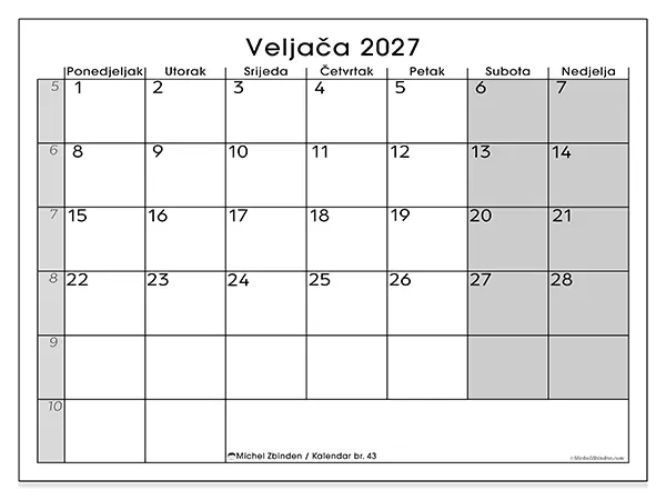 Kalendar veljača 2027 za ispis - Jasan pregled