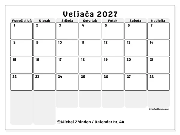 Kalendar veljača 2027 za ispis - Strukturirano planiranje