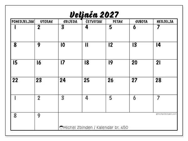 Kalendar veljača 2027 za ispis - Detaljan model