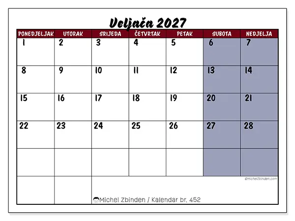 Kalendar veljača 2027 za ispis - Zadaci u boji
