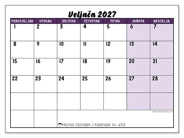 Kalendar veljača 2027 za ispis - Šareni zadaci