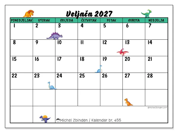 Kalendar veljača 2027 za ispis - Mali dinosauri