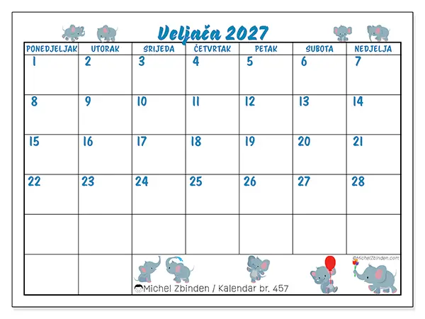 Kalendar veljača 2027 za ispis - Mali slonovi