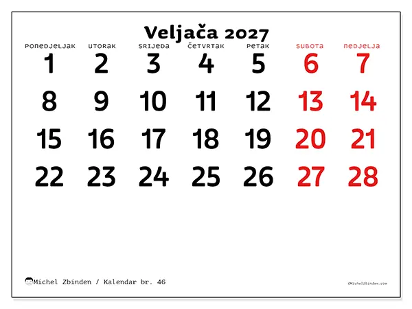 Kalendar veljača 2027 za ispis - Jasna vizija