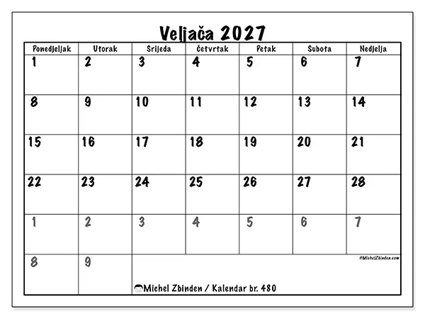 Kalendar veljača 2027 za ispis - Potpuno planiranje