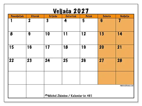 Kalendar veljača 2027 za ispis - Dinamično planiranje