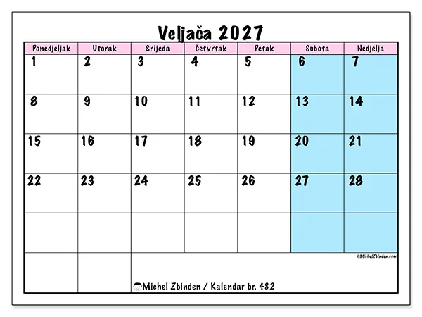 Kalendar veljača 2027 za ispis - Raspored tima