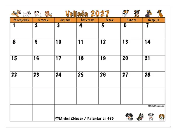 Kalendar veljača 2027 za ispis - Entuzijastični psi