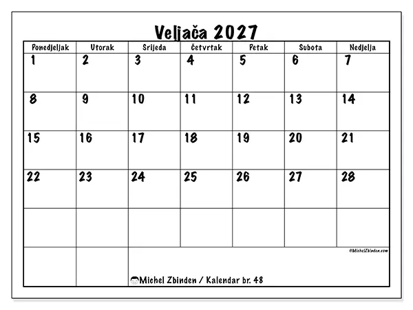 Kalendar veljača 2027 za ispis - Dnevni planovi