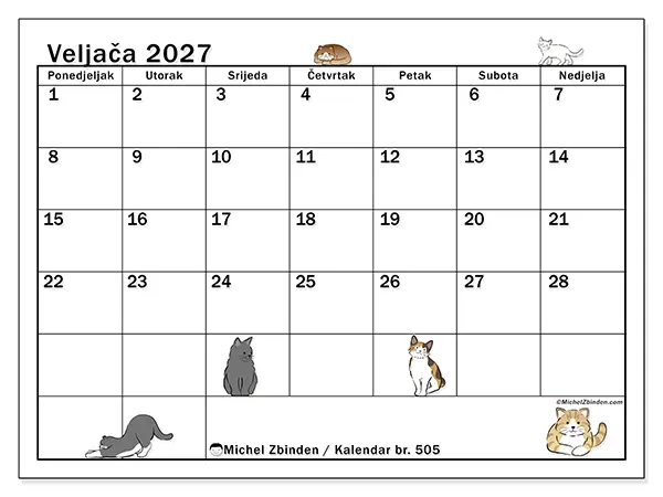 Kalendar veljača 2027 za ispis - Život mačke