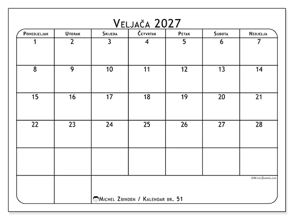 Kalendar veljača 2027 za ispis - Planer obroka