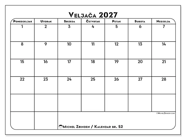 Kalendar veljača 2027 za ispis - Plan rada