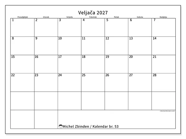 Kalendar veljača 2027 za ispis - Jasan raspored