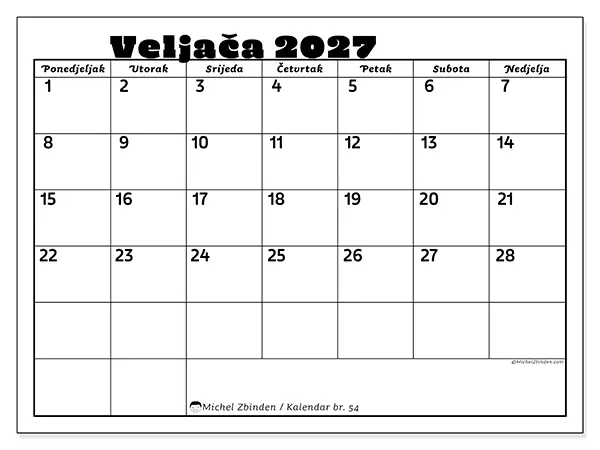 Kalendar veljača 2027 za ispis - Obiteljske aktivnosti