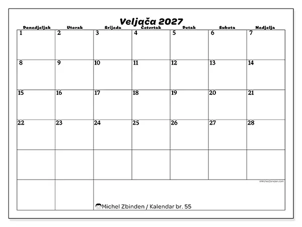 Kalendar veljača 2027 za ispis - Slobodno vrijeme