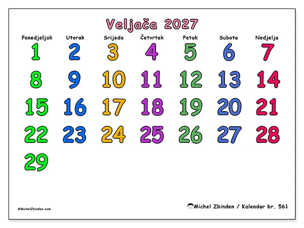 Kalendar veljača 2027 za ispis - Kreativni trenuci