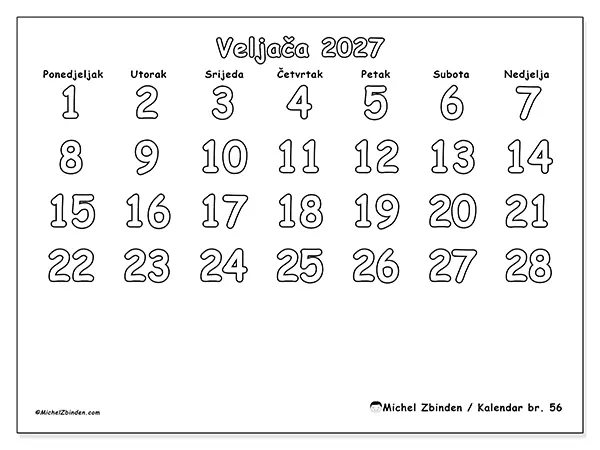 Kalendar veljača 2027 za ispis - Korisno bojanje