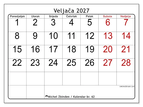 Kalendar veljača 2027 za ispis - Brzi pregled