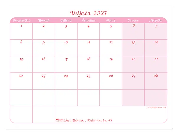 Kalendar veljača 2027 za ispis - Smiren izgled