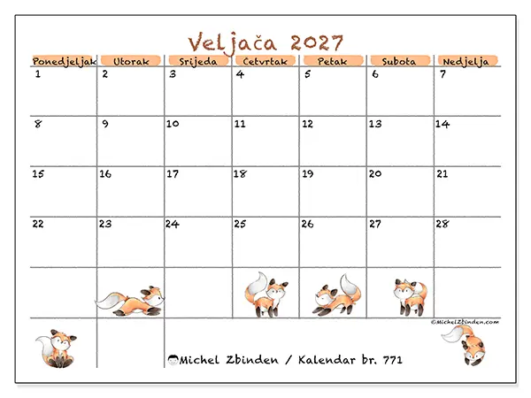 Kalendar veljača 2027 za ispis - Crteži lisica