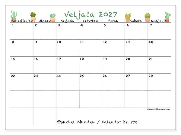 Kalendar veljača 2027 za ispis - Dekorativni kaktusi