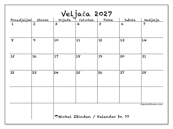 Kalendar veljača 2027 za ispis - Škola i obitelj